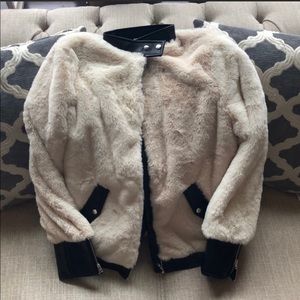 Cute White Fur Jacket with Black Leather Trim